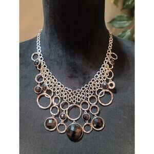 Women's Statement Necklace Silver Chain With Black Faceted Stones Lobster Lock